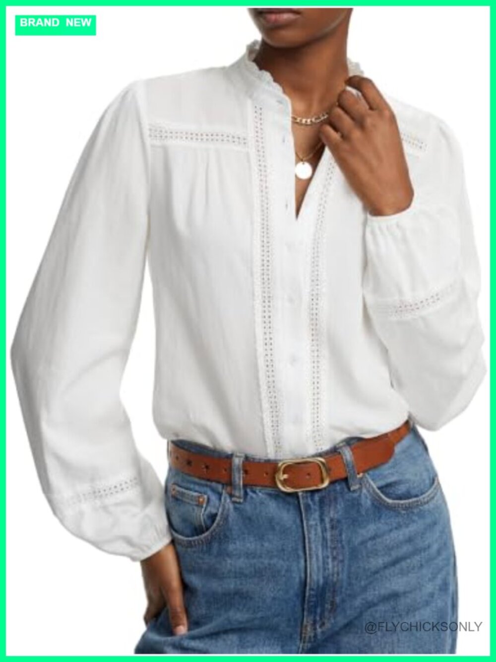 Lace Trim Button Down Boho Blouse Puff Sleeve Cotton Blend Top
